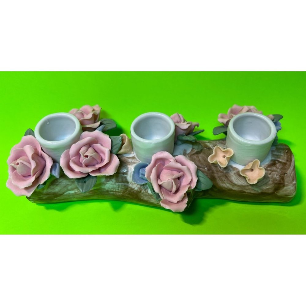 Vintage Candle Holder Porcelain Floral 3 Roses Ceramic 7.5" Decor Centerpiece
